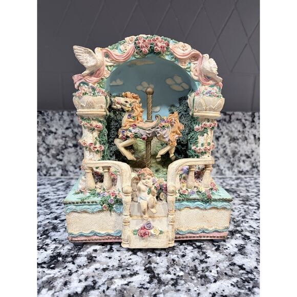 Vtg 1979 Carousel Horse Cherub Angel Music Box “Somewhere in Time” WORKS - Picture 1 of 6
